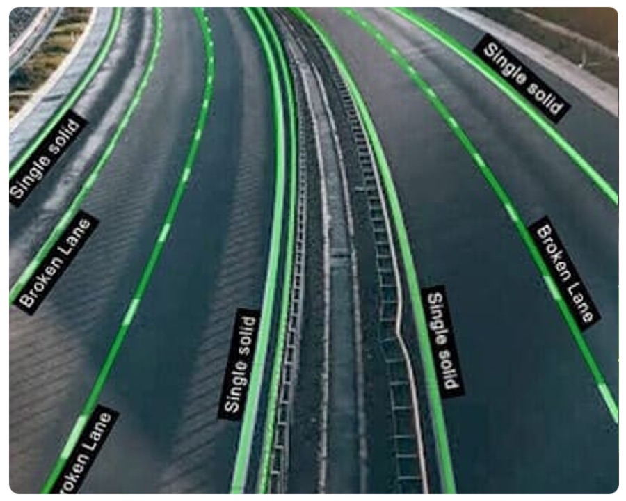 Polyline lane markings traced along a curving mountain road