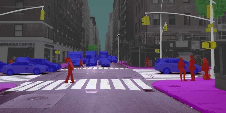 Semantic segmentation of a city street — vehicles, pedestrians and crosswalk masked pixel-by-pixel