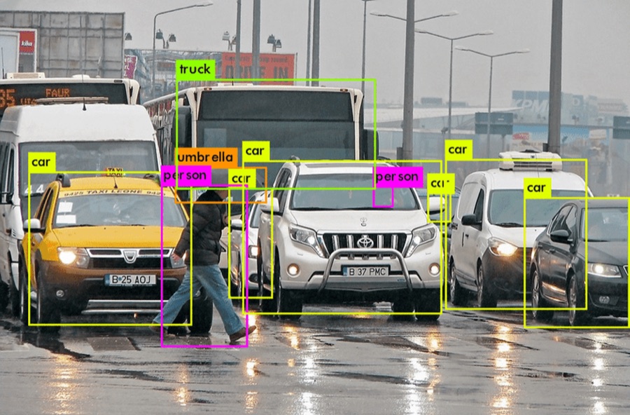 Multi-object labels tracked frame-by-frame across a foggy street scene